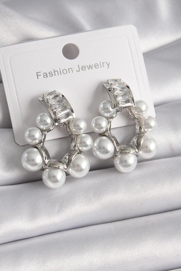 Pirinç Gümüş Renk Su Yolu Zirkon Taşlı İncili Halka Model Kadın Küpe - Image 1