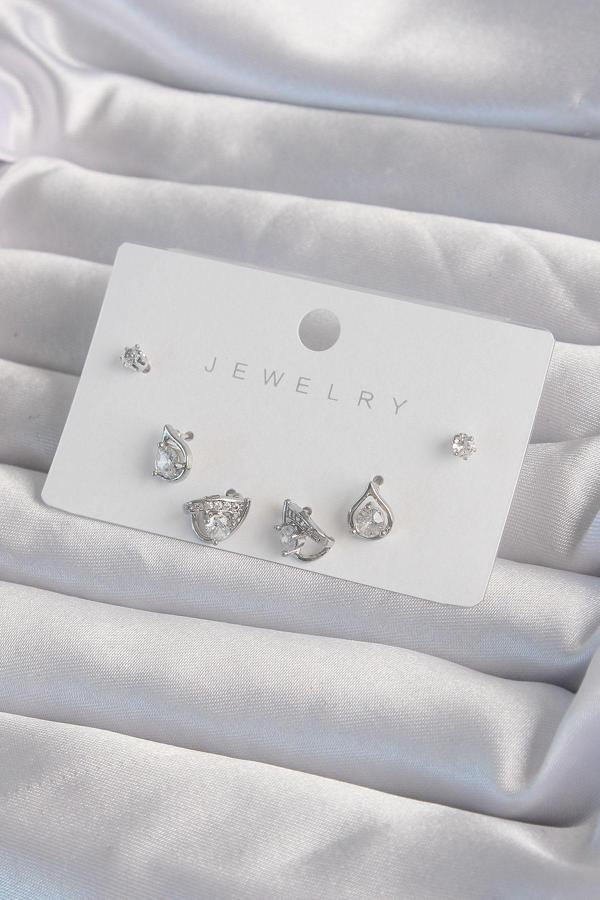 Pirinç Gümüş Renk Zirkon Taşlı Damla Model Küpe Seti - Image 1