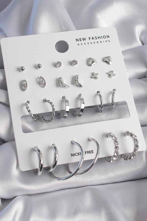 Pirinç Gümüş Renk 12 Çift Kadın Küpe Seti - Image 1