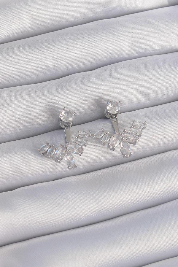 Pirinç Gümüş Renk Zirkon Taşlı V Model Küpe - Image 1