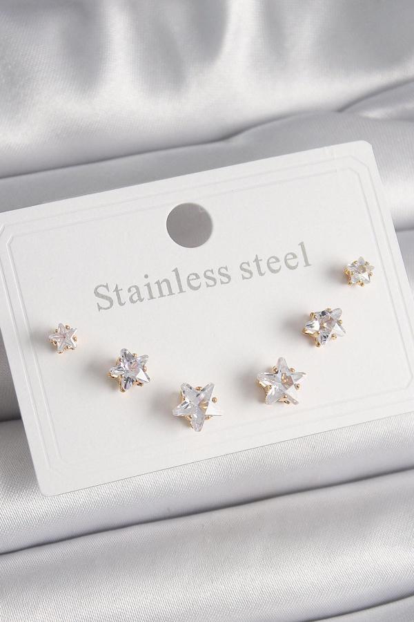 316L Çelik Gold Renk Zirkon Taşlı Yıldız Model Kadın Küpe Seti - Image 1