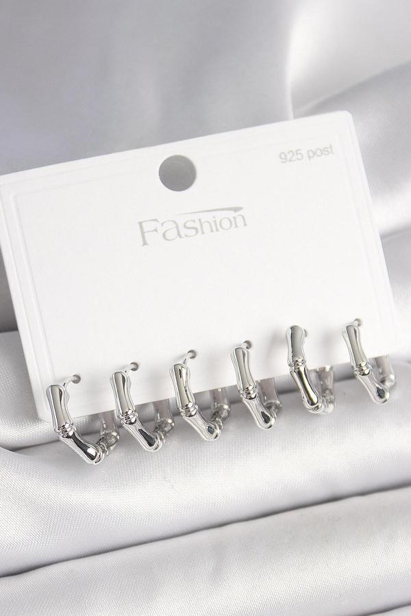 925 Ayar Gümüş Çivi Pirinç Gümüş Renk Bambu Halka Model Kadın Küpe Seti - Image 1