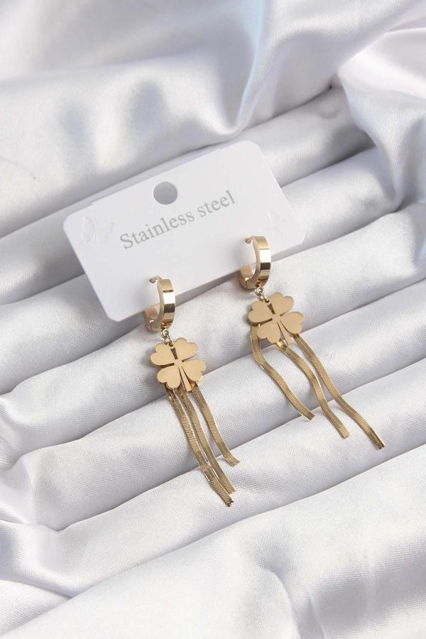 316L Çelik Altın Renk İtalyan Zincirli Yonca Model Halka Küpe - Image 1