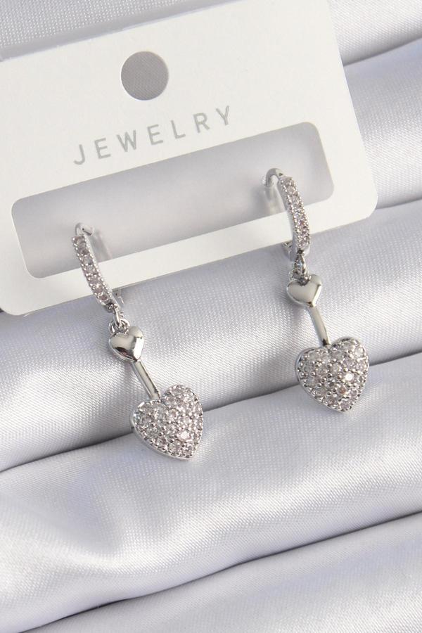 Pirinç Gümüş Renk Zirkon Taşlı Sallantı Kalp Model Kadın Küpe - Image 1