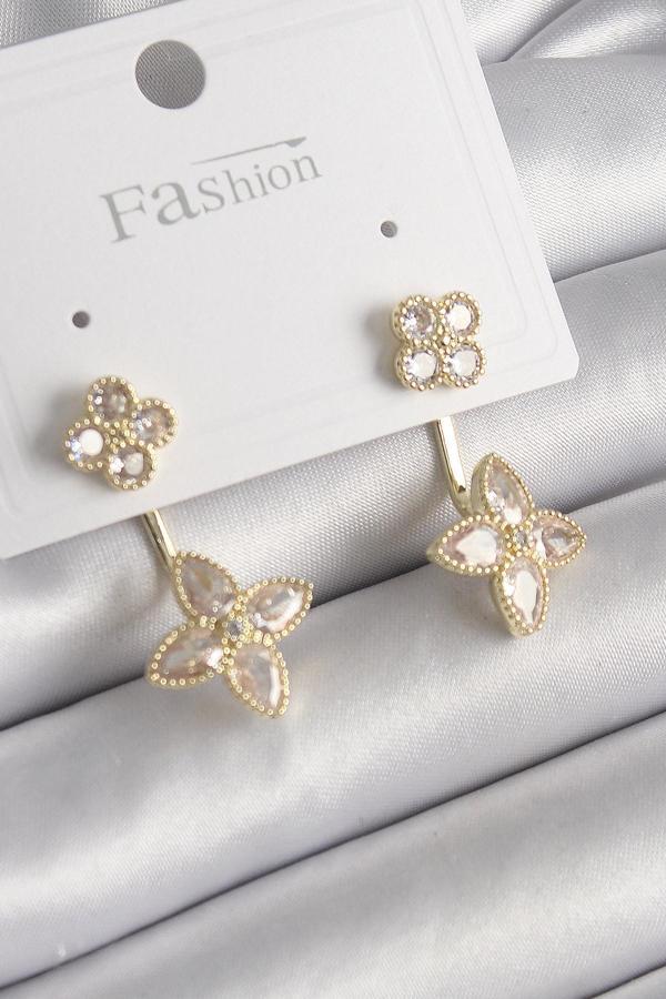 Pirinç Gold Renk Zirkon Taşlı Yonca Model Kadın Küpe - Image 1