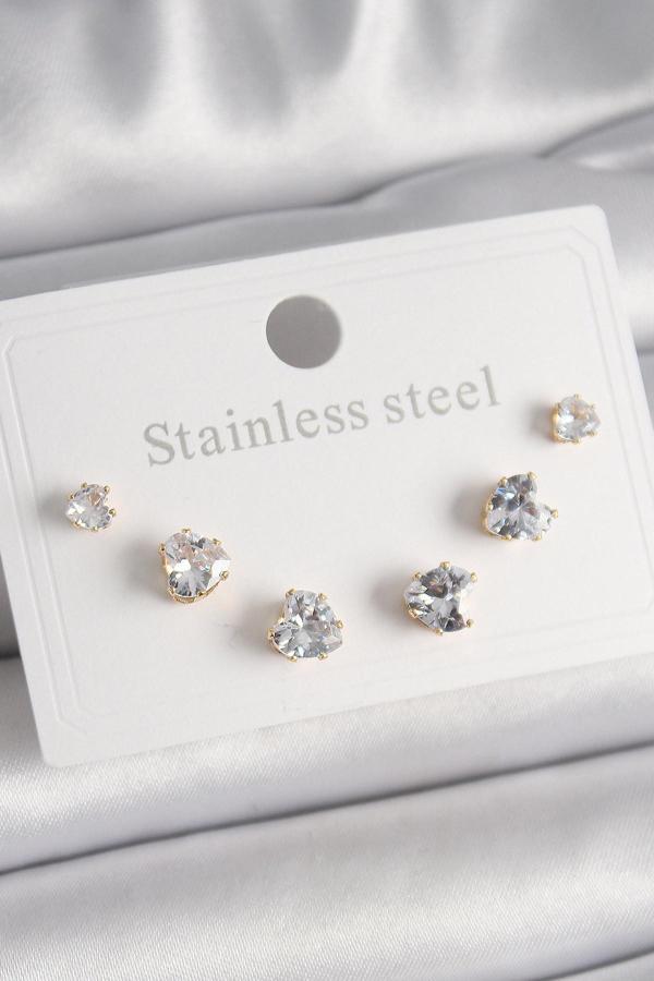 316L Çelik Gold Renk Zirkon Taşlı Kalp Model Kadın Küpe Seti - Image 1