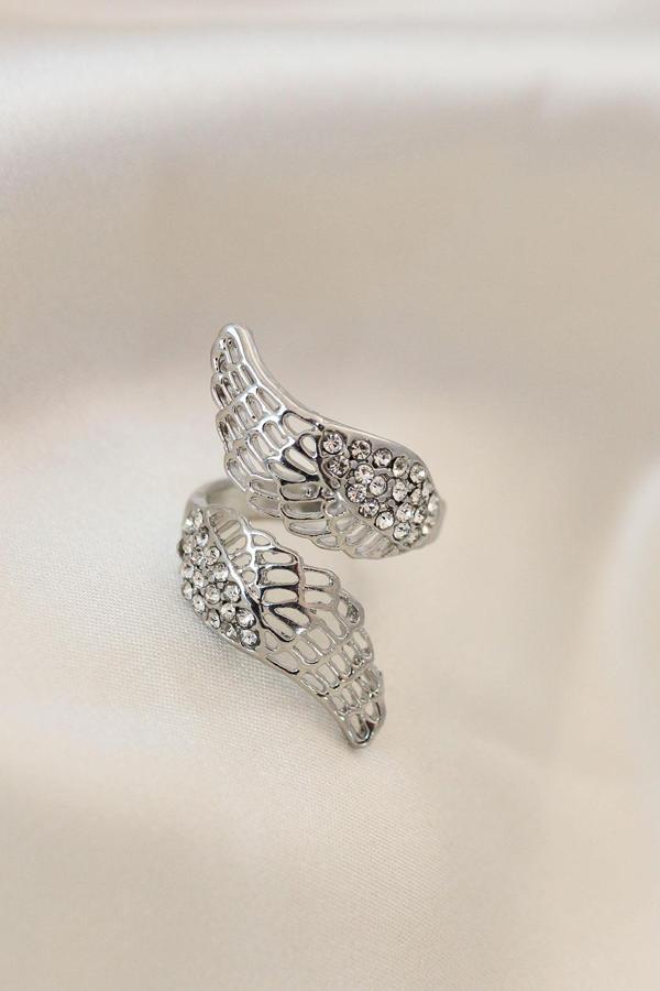 Ayarlamalı Silver Renk Metal Zirkon Taşlı Kanat Yüzük - Image 1