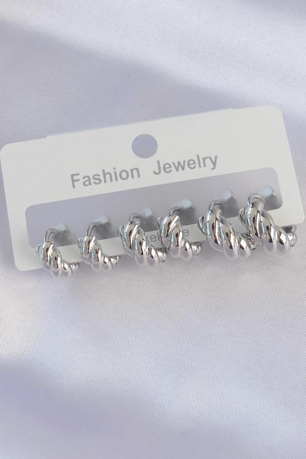 Pirinç Gümüş Renk Minimal Tırtıklı Küpe Seti - Image 1