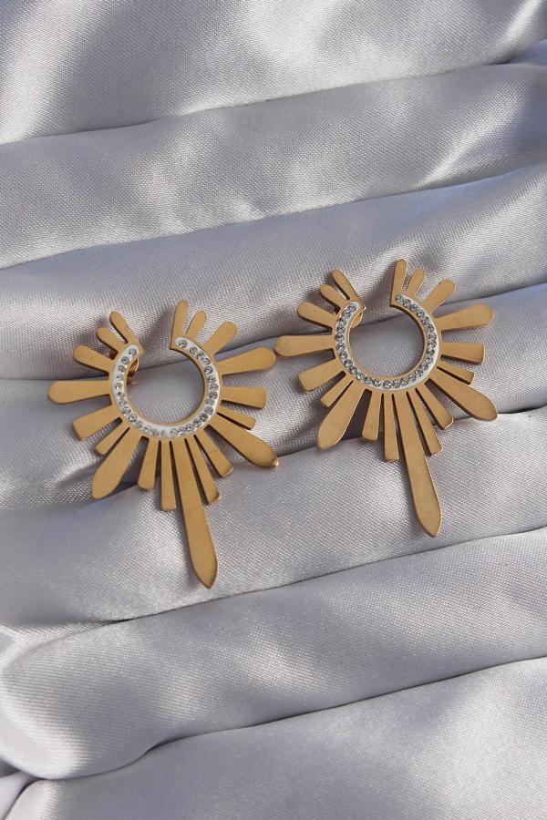 316L Çelik Gold Renk Zirkon Taşlı Güneş Figürlü Küpe - Image 1
