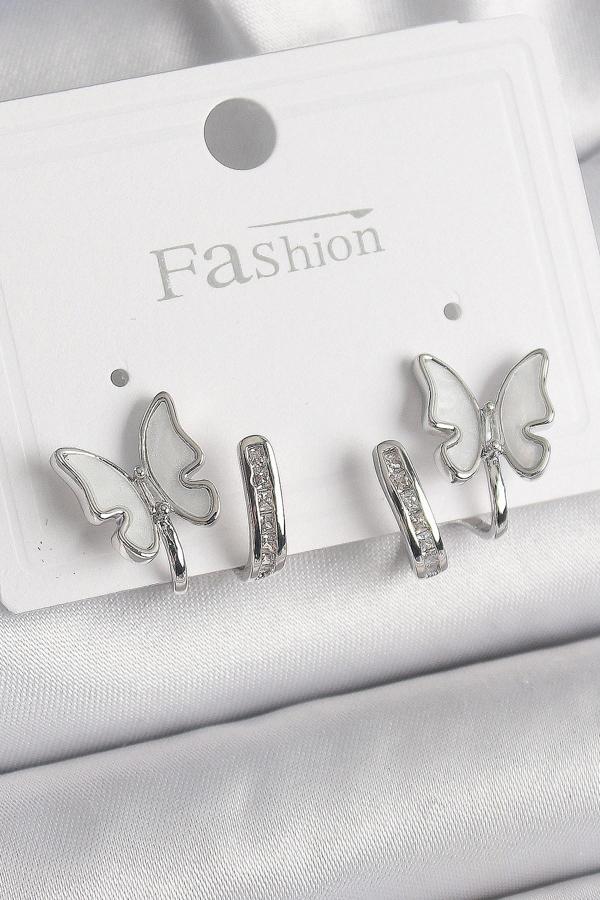 Pirinç Gümüş Renk Zirkon Taş Detaylı Beyaz Sedefli Kelebek Model Kadın Küpe - Image 1