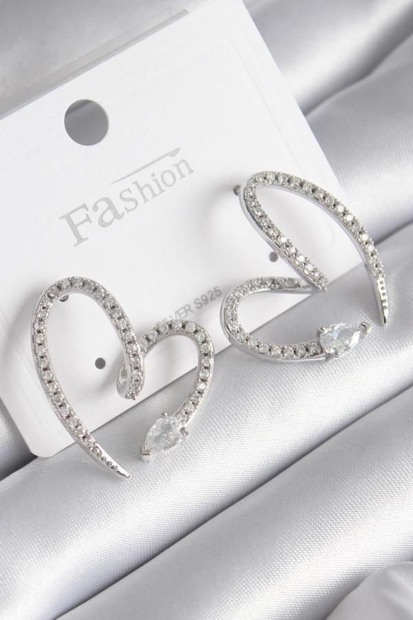 Pirinç Gümüş Renk Zirkon Taşlı Yılan Kalp Model Kadın Küpe - Image 1