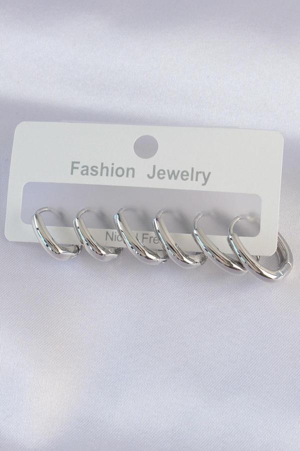 Pirinç Gümüş Renk Oval Küpe Seti - Image 1