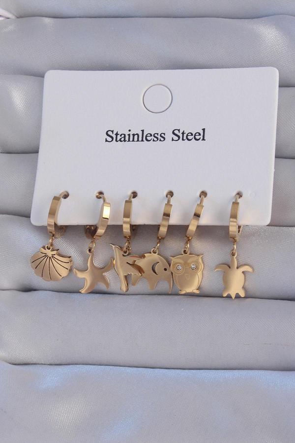 316L Çelik Gold Renk Zirkon Taşlı Hayvan Figürlü Deniz Yıldızı Model Halka Küpe Seti - Image 1