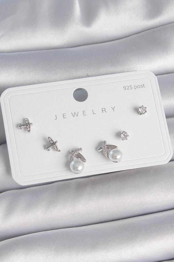 Pirinç Gümüş Renk Zirkon Taşlı Kelebek Model İnci Detay 925 Ayar Gümüş Çivi Kadın Küpe Seti - Image 1