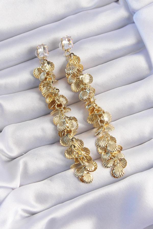 Pirinç Gold Renk Zirkon Taşlı Minimal Deniz Kabuklu Sallantılı Küpe - Image 1