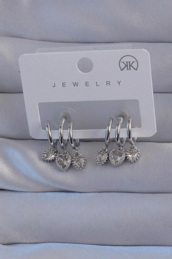 Pirinç Gümüş Renk Zirkon Taşlı Kalp Model Çoklu Görünüm Yarım Halka Küpe - Image 1