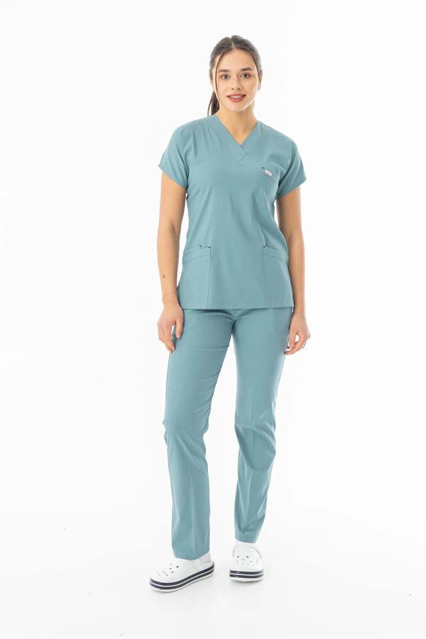 Likra Yarasa Kol Doktor Hemşire Forması Alt Üst Takım Filiz Yeşili (LYRS1023) - Image 1