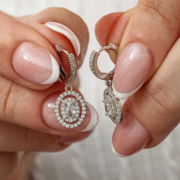 Gümüş Rose Oval Taşlı Sallantılı Küpe - Image 1