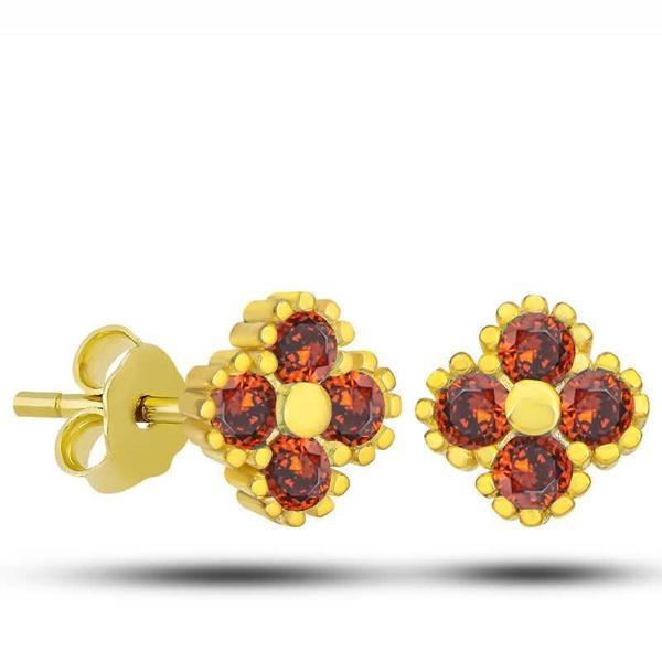 Gümüş Gold Yonca Çivili Mor Taşlı Çocuk Küpe - Image 1
