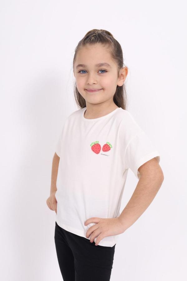 Toontoy Kız Çocuk  Yakası Çilek Baskılı Tişört - Image 1