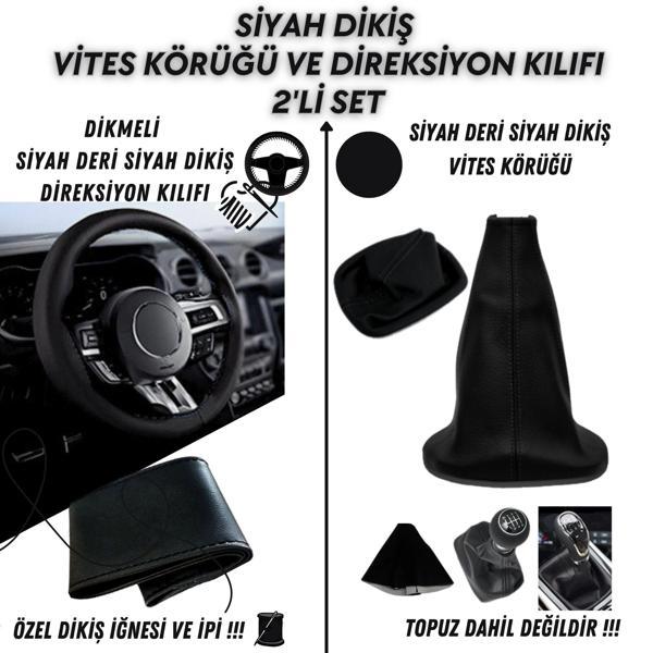 Citroen Ds4 Uyumlu Siyah Deri Siyah Dikiş Direksiyon Kılıfı ve Vites Körüğü 2'li Set - Image 1
