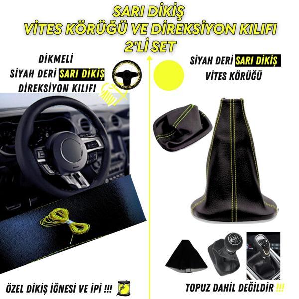 Fiat Siena Uyumlu Siyah Deri Sarı Dikiş Direksiyon Kılıfı ve Vites Körüğü 2'li Set - Image 1
