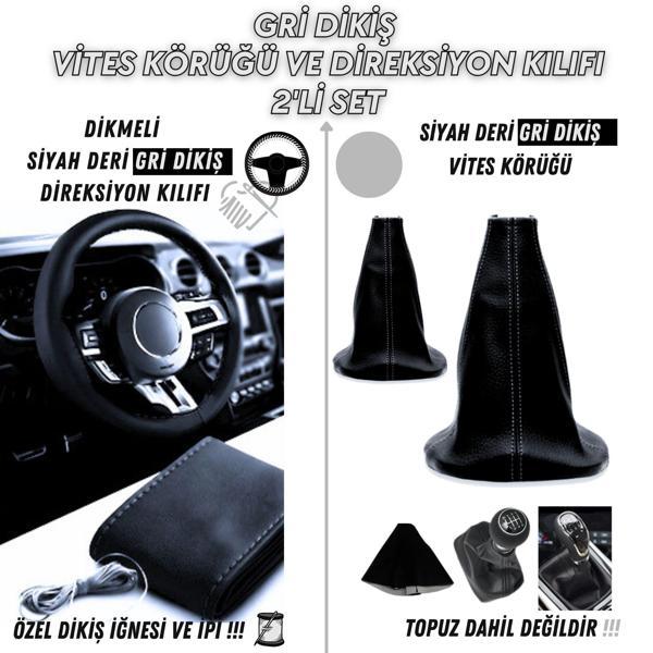 Skoda Superb Uyumlu Siyah Deri Gri Dikiş Direksiyon Kılıfı ve Vites Körüğü 2'li Set - Image 1