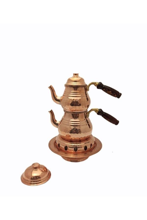 Kıvraklar Bakırcılık Bakır Çaydanlık Küçük Dövme 1.5 litre Kırmızı,Krom Osmanlı Ocaklı Takım   - Image 1