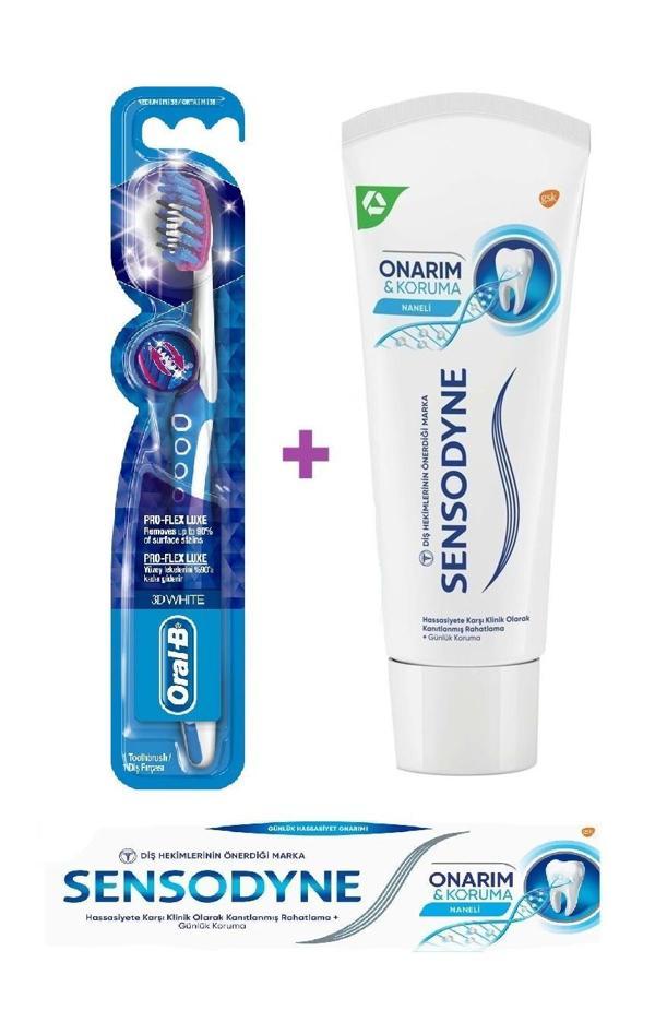 Sensodyne Onarım & Koruma Naneli Diş Macunu 75ml + Oral-B Pro Flex 3D White Luxe Medium Diş Fırçası - Image 1