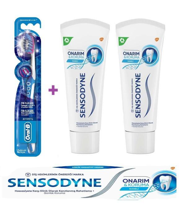 Sensodyne Onarım & Koruma Naneli Diş Macunu 75ml x 2 ADET + Oral-B Pro Flex 3D White Luxe Medium Diş Fırçası - Image 1