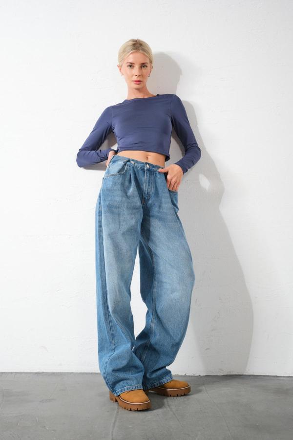 Yüksek Bel, %100 Pamuk ayarlanabilir bel, Loose Fit  Jean Kadın Kot Pantolon
 - Image 1