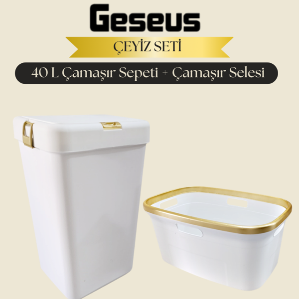Geseus Motek Tekli 40 Lt Kirli Çamaşır Sepeti+Çamaşır Selesi Ikili Set, Çeyiz Seti Gold+Beyaz - Image 1
