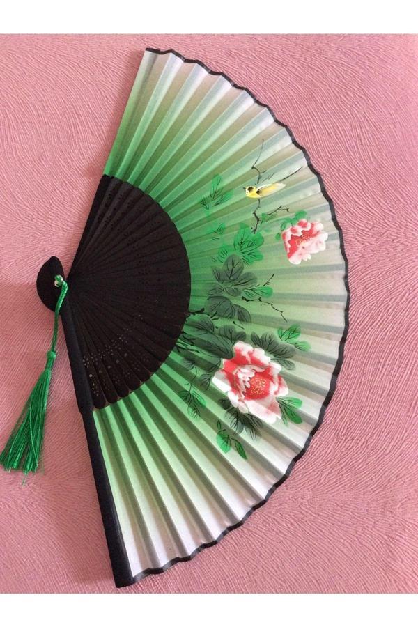 Kırmızı Çiçekli Desenli Bambu Şık Japon Yelpaze Lüks Özel Tasarım - Image 1
