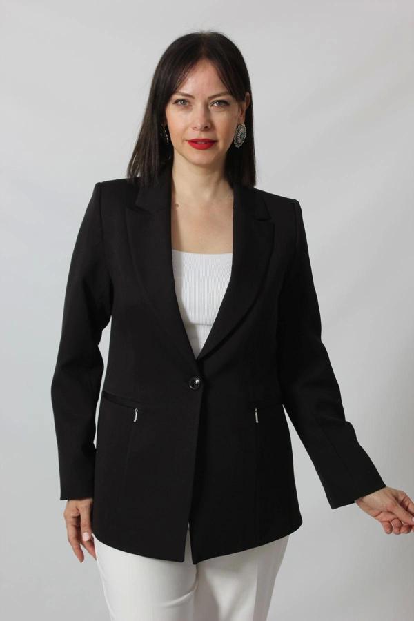 1904 Siyah Fermuarlı Cep Aksesuarlı  Kadın Büyük Beden Blazer Ceket - Image 1