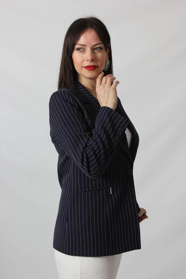 1906 Lacivert Çizgili Fermuarlı Cep Aksesuarlı  Kadın Büyük Beden Blazer Ceket - Image 1