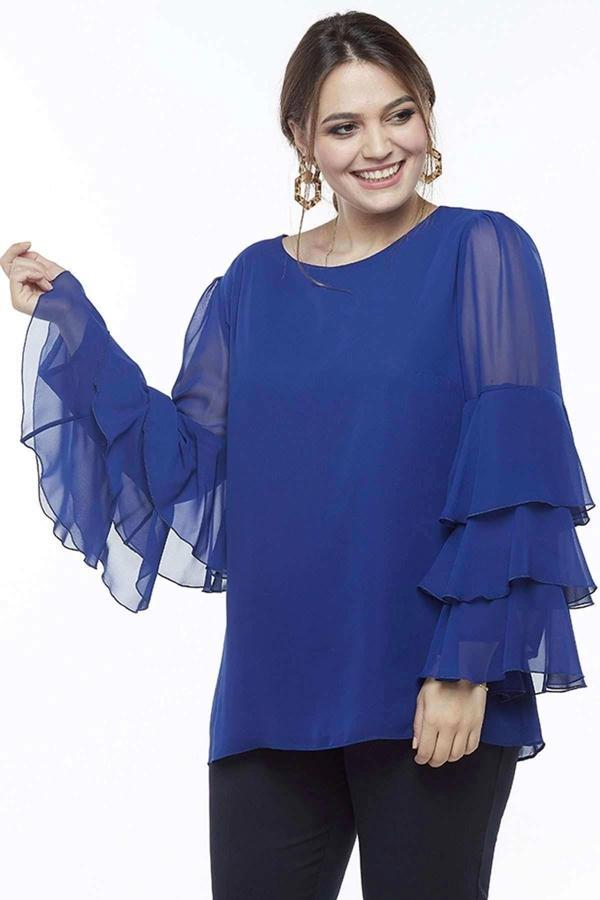 28009 Kolları Fırfırlı Büyük Beden Bluz Saks - Image 1
