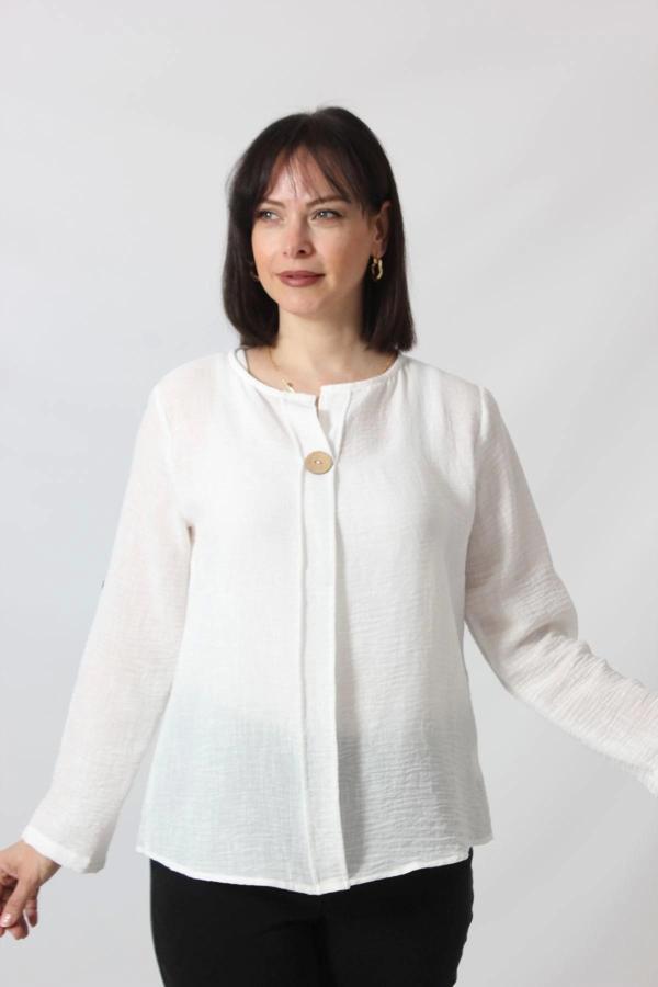 B-0273 KOLU APOLETLİ YAKASI DÜĞME AKSESUARLI GİZLİ PİLELİ KETEN KADIN BÜYÜK BEDEN BEYAZ BLUZ  - Image 1