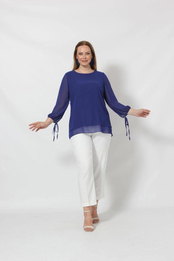 3243-1 Saks Kol Ucu Bağlama Detaylı Bluz - Image 1