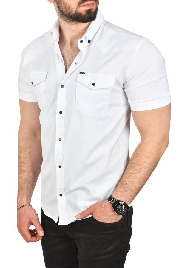 DeepSEA Erkek Beyaz Slim Fit Pamuklu Likralı Kısa Kol Gömlek Kolay Ütülenebilir Çıt Çıtlı Cepli Spor Gömlek 2400253 - Image 1