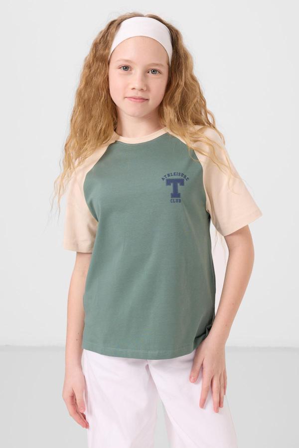 Açık Yeşil O Yaka  Pamuklu Baskılı Oversize Fit Kız Çocuk T-Shirt - 75179 - Image 1