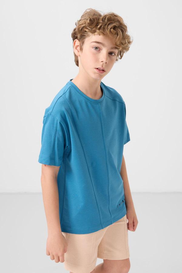 Petrol Mavi Pamuklu Yumuşak Dokulu Oversize Basic Erkek Çocuk T-Shirt - 11297 - Image 1