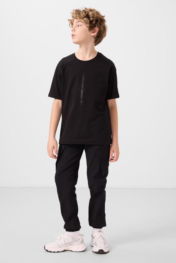 Siyah Pamuklu Yumuşak Dokulu Oversize Baskılı Erkek Çocuk T-Shirt - 11301 - Image 1