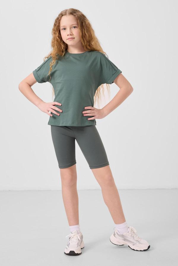 Açık Yeşil Pamuklu O Yaka Oversize Fit Basic Kız Çocuk T-Shirt - 75182 - Image 1