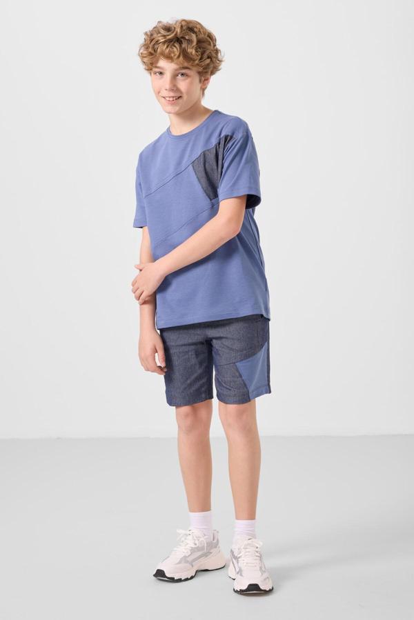 Koyu Mavi-Kot Lacivert Pamuklu Oversize Fit Dokuma Hafif Esnek Chino Erkek Çocuk Şort Takım - 11275 - Image 1