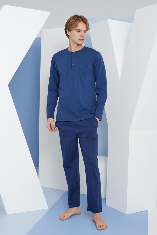 Kly 9258 Erkek Diğmeli Midi Yaka Uzun Kol Pijama Takım - Image 1