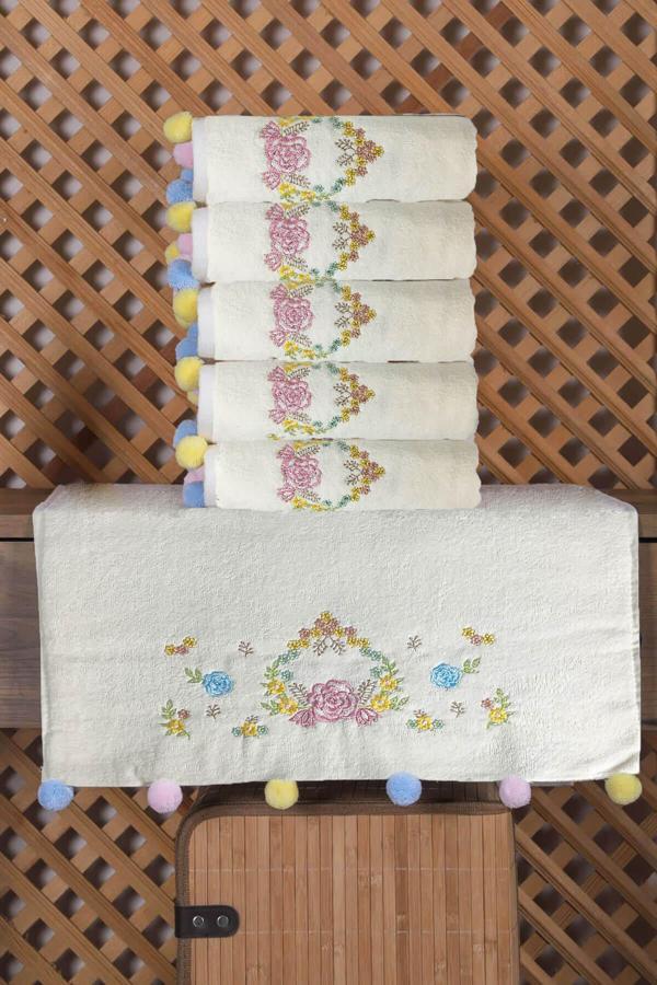 Çeyizlik 6'lı Renkli Ponponlu Çiçek Nakışlı El Yüz Havlusu Seti 50x90 cm - Image 1