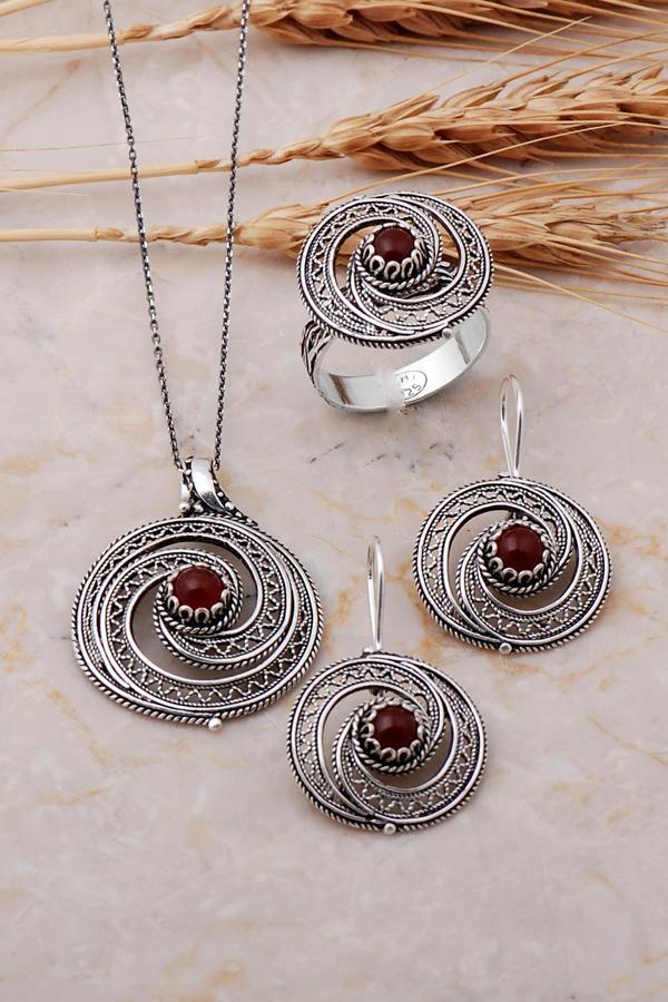 Akik Taşlı Salyangoz Gümüş Telkari Set 531 - Image 1