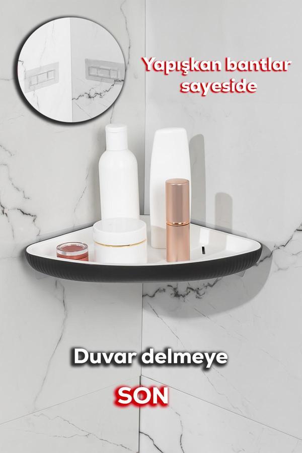 Porsima 0447 İstiridye Yapışkanlı Banyo Köşe Rafı Organizer Siyah - Image 1