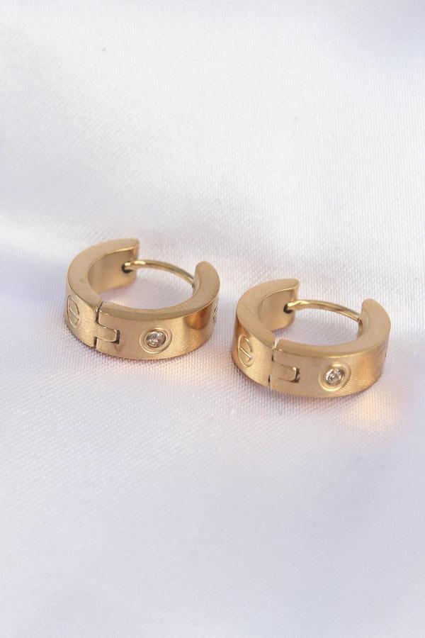 316L Çelik Gold Renk Zirkon Taşlı Minimal Cartier Model Halka Küpe - Image 1