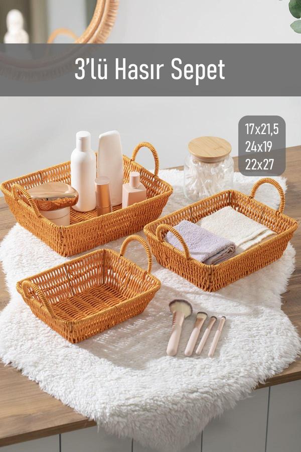 Porsima 301a 3lü Düzenleyici Dikdörtgen Hasır Sepet Seti Ekmeklik - Image 1